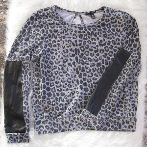 Aqua Black Grey Leopard Tunic Pullover Top Faux Leather Sleeve Patches Size M